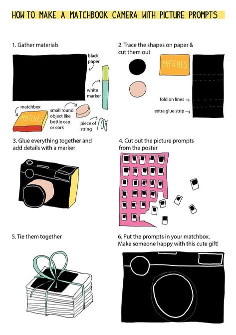 Gift idea: matchbook camera with picture prompts - Magical Daydream Match Bottle, Camera Drawing, Picture Prompts, Matchbox Art, I Have A Secret, Diy Gifts For Friends, Cadeau Diy, Birthday Gifts For Best Friend, Bff Gifts