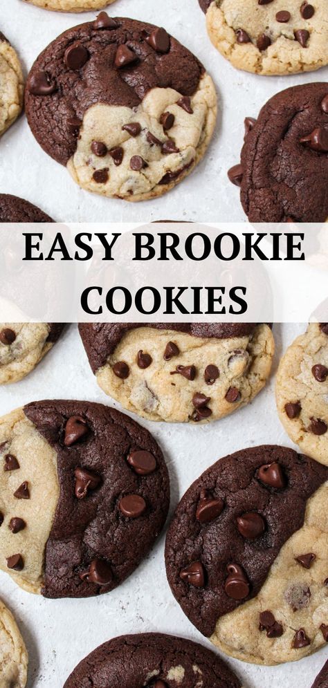 Brookie Cookies are half soft and chewy chocolate chip cookie and half thick and fudgy brownie. They are no-chill, quick, and easy! Half Brownie Half Chocolate Chip Cookie, Half Cookie Half Brownie, Brownie And Chocolate Chip Cookies, Friendship Cookies Recipe, Half And Half Cookies, Brookie Cookie Recipe, Beginner Cookie Recipes, Cookie And Brownie Together, Crispy Chocolate Chip Cookie Recipe