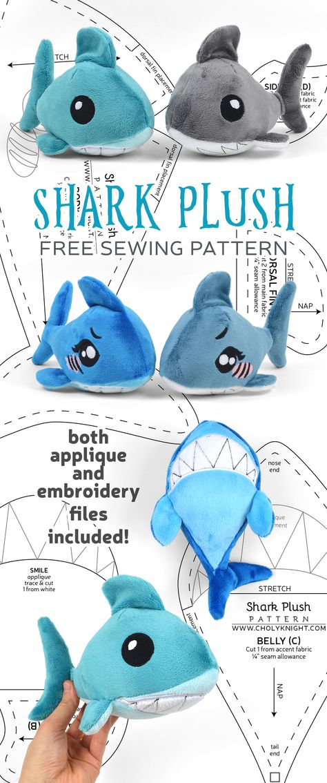 Cholyknight Free, Easy Plush Pattern Free, Shark Plushies, Shark Sewing, Choly Knight, Narwhal Plush, Diy Sy, Shark Plush, Monkey Stuffed Animal