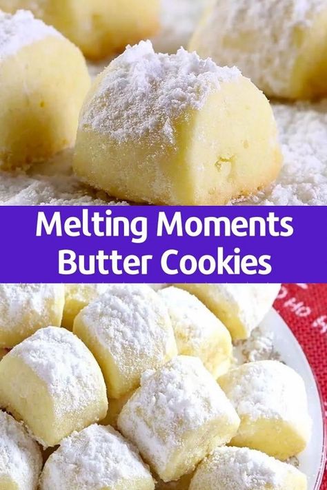 Melting Moments Butter Cookies Cheap Party Food, Melting Moments Cookies, Butter Cookie Recipe Easy, Meltaway Cookies, Desserts Cookies, Cake Roll Recipes, Melting Moments, Scottish Recipes, No Flour Cookies