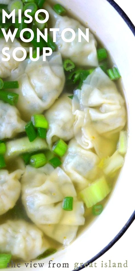 Japanese Wonton Soup, Miso Potsticker Soup, Japanese Dumpling Soup, Chicken Miso Soup, Miso Dumpling Soup, Gyoza Chicken, Miso Wonton Soup, Miso Recipes, Wonton Soup Recipe