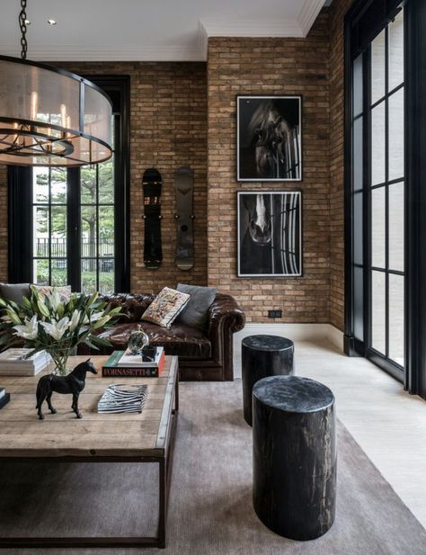 City Loft Decor, Red Brick Home Interior, Industrial Chic Basement, Modern Rustic Industrial Living Room, Red Brick Living Room Decor, Rustic Industrial Decor Living Room, Restoration Hardware Living Room Inspiration, Living Estilo Industrial, Industrial Living Room Apartment