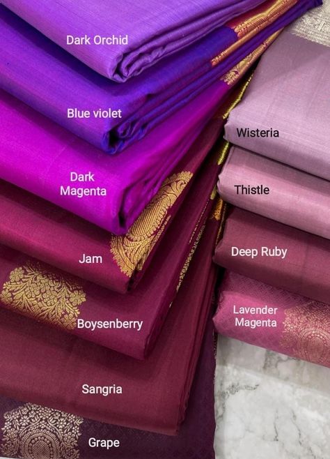 Kanjivaram Pure Silk Sarees new colors Unique Pattu Saree Colors, Indian Traditional Color Palette, Kanakambaram Color Saree, Purple Color Names, Kanchivaram Silk Saree, Colour Shade Card, Color Names Chart, Saree Color Combinations, Color Knowledge