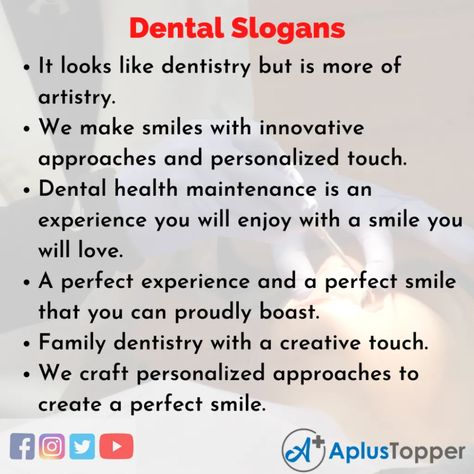 #APlusTopper #DentalSlogans #UniqueAndCatchyDentalSlogans Dental Motivation, Dental Slogans, Dentist Content, Dentist Girl, Dentist Surgery, Dentistry Quotes, Dental Content, Dental Ads, English Slogans