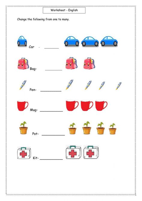 One And Many Worksheet For Class 1, One And Many Worksheet, Exercise For Kindergarten, Plurals Worksheets, One And Many, Singular Plural, Alphabet Writing Worksheets, Kindergarten Phonics Worksheets, English Worksheets For Kindergarten