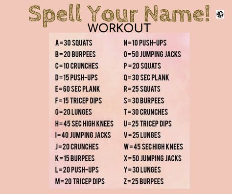 Spell your name! Everybody’s welcome to join this fun workout activity! 🏋️ #fit #health #healthy #diet #lifestyle #fitnessideas #fitnesstips #healthtips #healthydiet #Amazingbodies #healthyEating #exercise Spell Ur Name Workout, Your Name Workout, Alphabet Workout, Name Workout, Easy Morning Workout, Spell Your Name Workout, Workout Names, Spell Your Name, Workout List