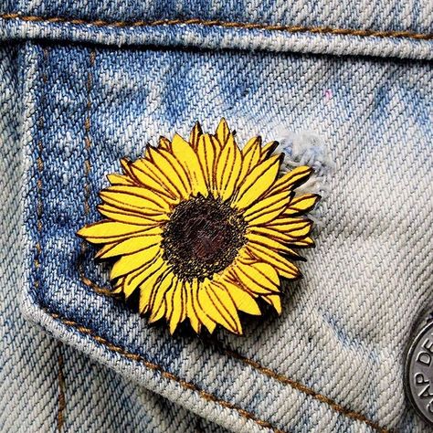 A handmade, hand painted sunflower brooch to add a pop of color and personality to their bags, clothing, or jackets. Wooden Sunflower, Cheap Stocking Stuffers, Sunflower Brooch, Hand Painted Gifts, Butterfly Pin, Seasonal Flowers, Jewelry Pins, Brooches Handmade, Flower Pins