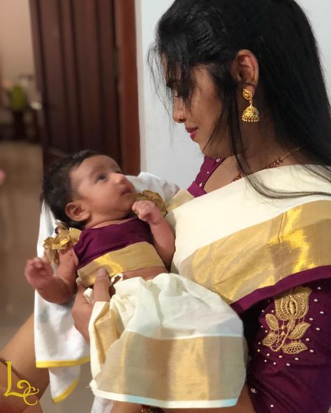 Newborn Traditional Dress, Naming Ceremony Outfit Mother, Noolukettu Ceremony Kerala, Naming Ceremony Dress For Mother, Kerala Style Skirt And Top, Traditional Baby Dresses, Mother's Pic, Cradle Ceremony, Newborn Photography Poses