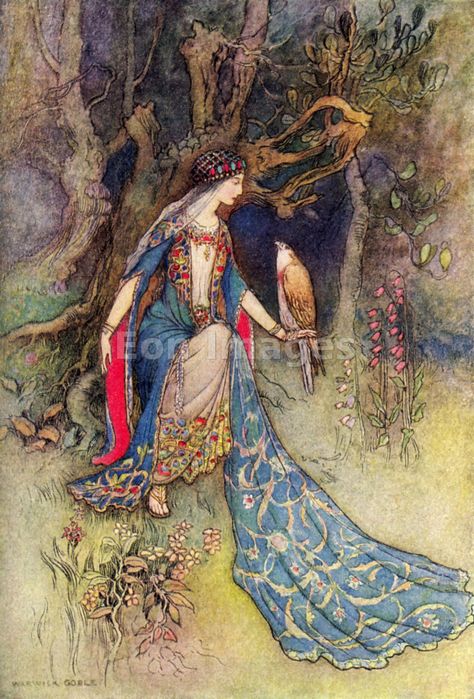 Canacee and the Falcon. [Depiction of scene from Chaucer's The Canterbury Tales: The Squire's Tale.] Artist: Warwick Goble. Image published: 1912. Warwick Goble, Edmund Dulac, The Falcon, Fairytale Illustration, Pretty Princess, Fairytale Art, Art And Illustration, Fairy Art, Childrens Illustrations