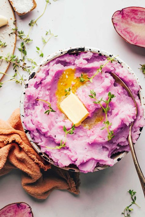 Mashed Purple Potatoes, Purple Mashed Potatoes Recipes, Mashed Purple Sweet Potatoes, Purple Potato Recipe, Purple Potatoes Recipe, Purple Cauliflower Recipe, Beni Imo, Whole30 Sides, Purple Mashed Potatoes