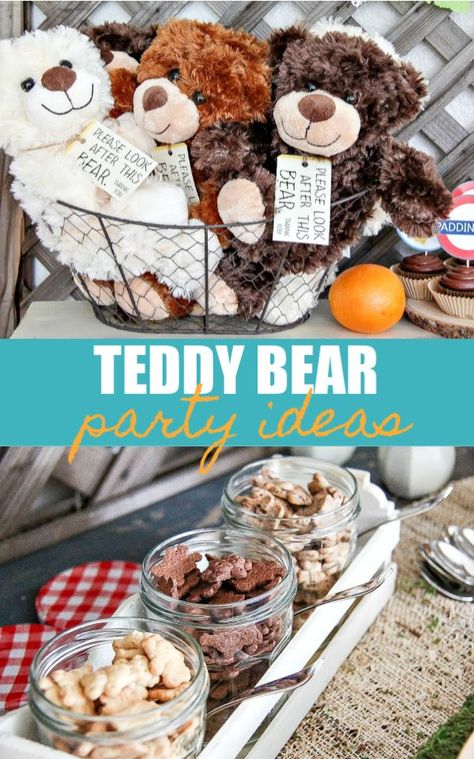 From adorable bears to fun food and activities, host a teddy bear picnic, movie night, or bear party at home with these ideas. Bear Birthday Party Games, Teddy Bear Themed Food Ideas, Bear Party Snacks, Teddy Bear Party Activities, Teddy Bear Second Birthday Theme, Teddy Bear Party Food Ideas, Adopt A Bear Party, Teddy Bear 3rd Birthday Party, Teddy Bear Picnic Themed Birthday Party