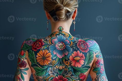 Woman with colorful floral back tattoo Full Back Floral Tattoo Women, Back Floral Tattoo Women, Floral Tattoo Women, Back Floral Tattoo, Floral Back Tattoo, Floral Back Tattoos, Girl Back Tattoos, Tattoo Women, Wedding People