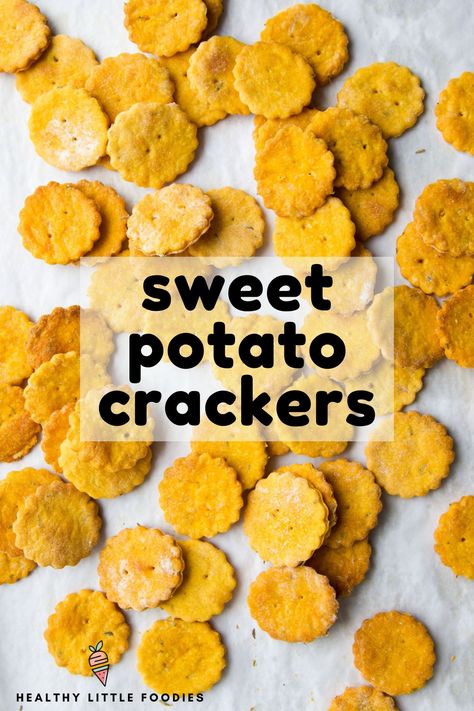 Sweet Potato Crackers Sweet Potato Cheese Crackers, Healthy Crackers For Kids, Veggie Crackers Homemade, Sweet Potato Tots For Baby, 12 Month Snack Ideas, Dairy Free Snacks For Toddlers, Sweet Potato Snack Recipes, Teething Crackers Recipes, Sweet Potato Recipes For Kids