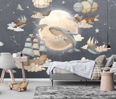 STARDUST Stars Nursery Wall Mural / Night Sky Constellations - Etsy Space Whale, Stars Nursery, Wallpaper 8k, Nursery Room Ideas, Nursery Wall Murals, Boat Wall, Nursery Room Design, Nursery Room Inspiration, Star Nursery