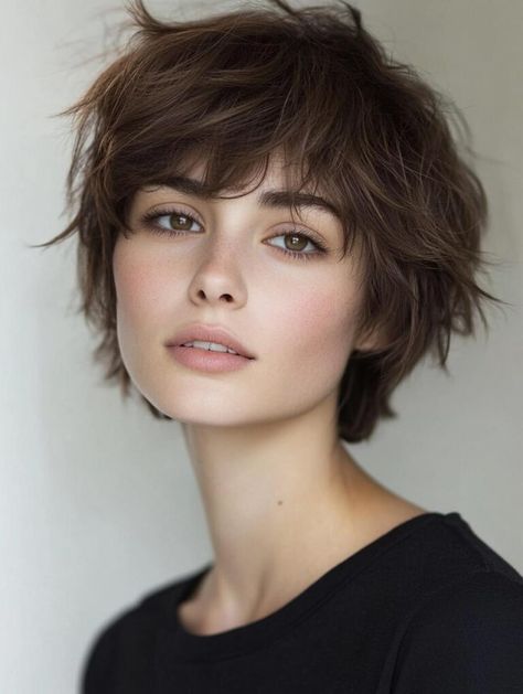 Short Shag Hairstyles: The Versatile Cut Transforming Hair Fashion Womens Short Shag Haircut, 90s Shag Hair Short, Brunette Short Shag Haircut, Shaggy Long Pixie Cut, Subtle Shag Haircut Short, Short Hair Messy, Short Layered Shag Haircuts, Short Girl Hair, Bob Shag