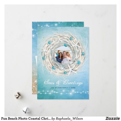 Fun Beach Photo Coastal Christmas Wreath Holiday Card Coastal Christmas Wreath, Tropical Christmas Cards, Holiday Cards Family, Beach Christmas Card, Family Christmas Card Photos, Fun Christmas Cards, Coastal Holiday, Wilson Art, Tropical Christmas