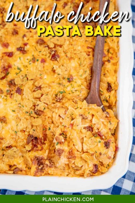 Buffalo Chicken Pasta Bake - Plain Chicken Buffalo Chicken Pasta Bake, Chicken Sour Cream, Buffalo Ranch Chicken, Chicken Ranch Pasta, Buffalo Chicken Pasta, Chicken Wing Sauces, Baked Buffalo Chicken, Chicken Noodle Casserole, Chicken Pasta Bake