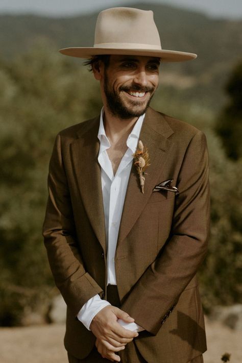 Colored Suits, Wedding Outfits For Groom, Brown Suit, Blue Dinnerware, Pre Wedding Party, Boho Men, Wide Brim Hats, Brown Wedding, Brim Hats