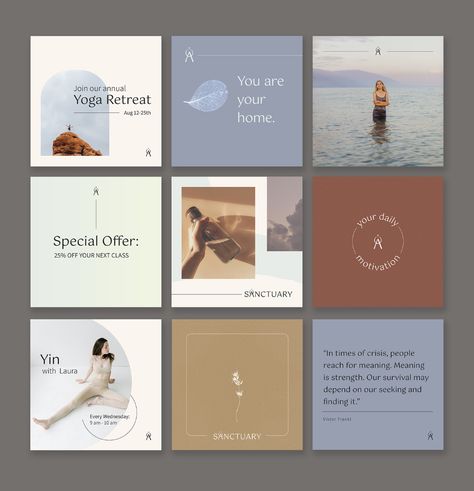 Sanctuary: Yoga Studio Brand Identity on Behance Yoga Brand Identity, Yoga Social Media, Yoga Flyer, Graphic Designer Studio, Yoga Studio Design, Social Media Branding Design, Post Yoga, Yoga Branding, Yoga Business