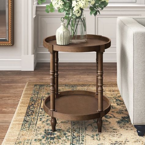 Kelly Clarkson Home Lucinda 24'' Tall Tray Top End Table & Reviews | Wayfair Side Table With Shelf, Round Wood Side Table, Rustic End Tables, Tall End Tables, Farmhouse Side Table, Side Table Decor, Kelly Clarkson Home, Wood Side Table, Drink Table