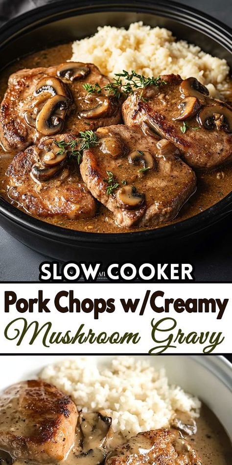 🍲🥩 These Slow Cooker Pork Chops are melt-in-your-mouth tender! With a savory sauce and juicy pork, this is a simple set-it-and-forget-it meal. Perfect for any night of the week! 🙌 👉 Save for your next family dinner! #PorkChops #SlowCookerRecipes #EasyDinners #FamilyMeal #ComfortFood #HomeCooking Slow Cooker Meals Pork, Boneless Pork Chops Slow Cooker, Smothered Bone In Pork Chops Crock Pot, Thick Pork Chops In The Crock Pot, Pork Chop Recipes Gravy, Crockpot Recipes Pork Shoulder, Pork Loin With Mushroom Gravy, Slow Cook Pork Chops Crockpot Recipes, Pork Chops In The Slow Cooker