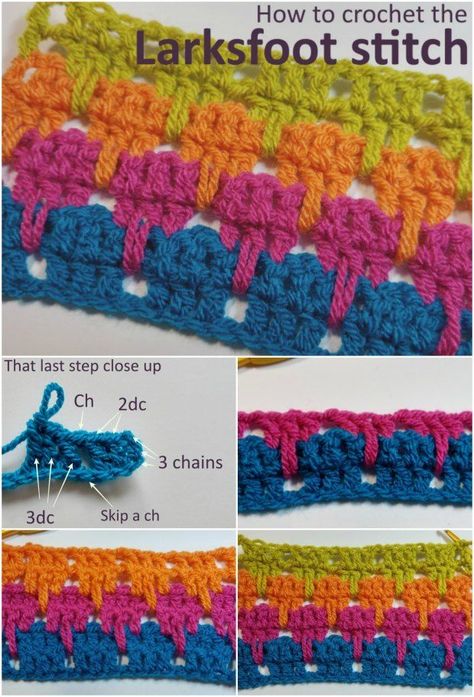 Really good step by step photo tutorial for how to crochet the larksfoot stitch. One of my favorite for using with rows of color in crochet. Larksfoot Stitch, Habit Barbie, Advanced Crochet Stitches, Crochet Stitch Tutorial, Advanced Crochet, Debbie Macomber, Crochet Braid Styles, Stitch Tutorial, Crochet Lessons