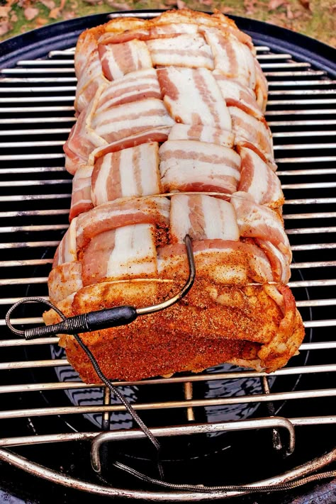 Learn how to make tender slightly spicy bacon wrapped hickory-smoked pork loin smothered in tangy barbecue sauce. This may be the best pork recipe ever! Pork Loin Roast Smoker Recipes, Smoked Pork Loin Recipes, Charcoal Cooking, Pork Loins, Bacon Wrapped Pork Loin, Smoked Pork Tenderloin, Spicy Bacon, Smoked Burgers, Smoked Recipes