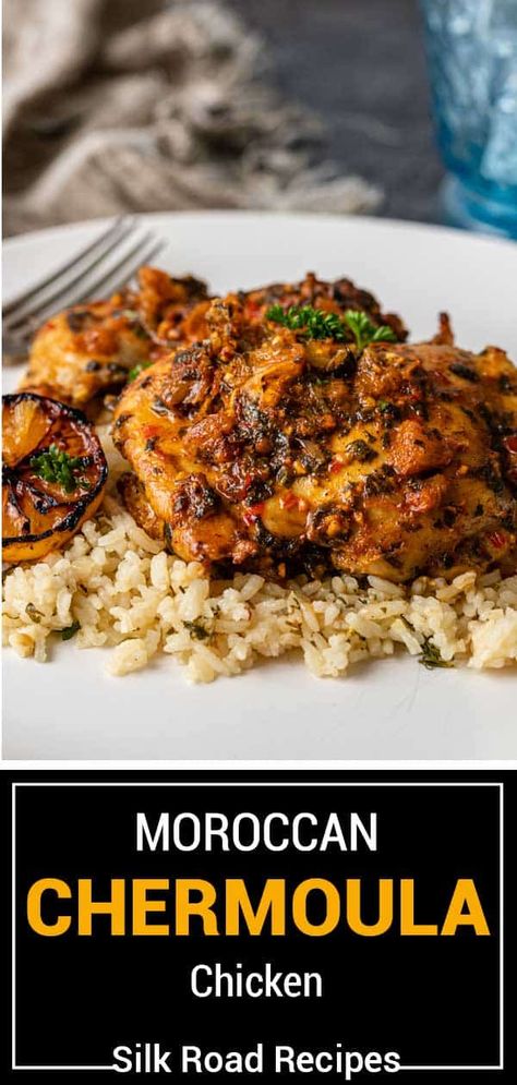 Chermoula chicken is made with tender chicken thighs and a North African marinade filled with fresh herbs, spices, and lemon juice. Chermoula Chicken, Moroccan Cooking, Moroccan Dishes, Tagine Recipes, Preserved Lemon, African Cooking, Ethnic Food, Herbs Spices, Moroccan Food