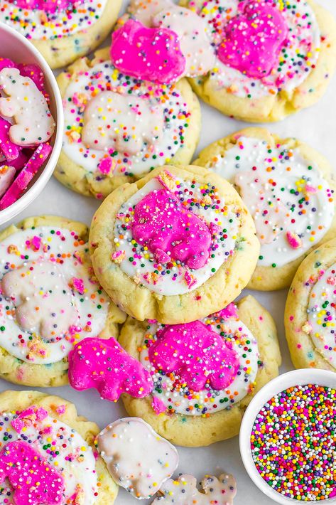 Circus Animal Sugar Cookies are soft, buttery, and filled with colorful sprinkles and crushed cookies! Classic frosted circus animal cookies are loaded in a classic sugar cookie base, then topped with white chocolate. This fun and delicious cookie will take you back to your childhood! Animal Sugar Cookies, Circus Animal Cookies, Circus Cookies, Circus Animal Cookie, Cookie Recipes From Scratch, Cookie Deserts, Cookie Base, Animal Cookie, Canned Frosting