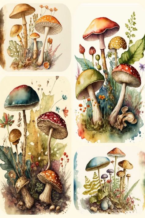 Pictures Of Mushrooms, Mushroom Collage, Vintage Mushroom Art, Mushroom Pictures, Mushroom Crafts, Mushroom Drawing, Rice Paper Decoupage, Cool Pencil Drawings, Vintage Mushroom