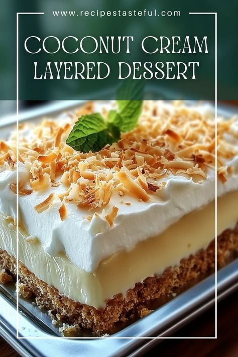 This Coconut Cream Layered Dessert is a delightful combination of a buttery crust, creamy layers of cheesecake and coconut pudding, topped with toasted coconut. It’s a perfect treat for any occasion that will impress family and friends alike! Coconut Cream Pudding Dessert, Pioneer Woman Coconut Pudding, Coconut Layered Dessert, Coconut Cream Layered Dessert, Coconut Lush Dessert, Things To Make With Coconut Cream, Coconut Cream Dessert Recipes, Coconut Cream Pie Bars Recipe, Coconut Pudding Recipes