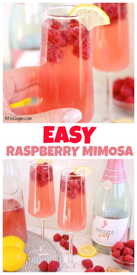 Delightfully refreshing and bright raspberry mimosas made with chilled Pink Moscato, sweet raspberry lemonade and fresh, frozen raspberries that add a vibrant pop of color! Berry Mimosa, Raspberry Mimosa, Rasberry Lemonade, Brandy Slush, Vodka Slush, Lemonade Slushies, Mimosa Cocktail, Simply Lemonade, Best Summer Cocktails