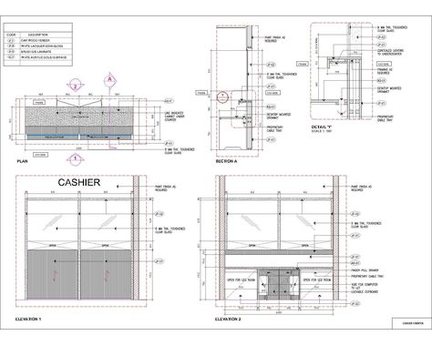 Cashier counter plan - elevation - sections and typical details for fixing and manufacturing purpose. Bank Cash Counter Design, Cashier Counter Design Restaurant, Bank Counter Design, Counter Detail Drawing, Cashier Counter Design Retail, Cashier Restaurant, Cashier Counter Design, Cash Counter Design, Counter Detail