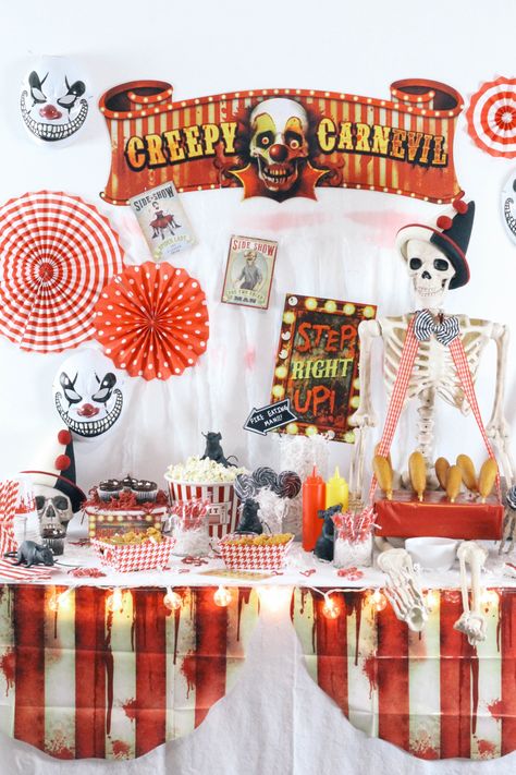 Halloween-Carnival-CarnEVIL-themed-party-tablescape-3 Halloween Carnival Table Decorations, Spooky Circus Halloween Party, Creepy Carnival Food, Horror Carnival Decorations, Creepy Tablescape, Scary Circus Theme Party, Halloween Carnival Decorations, Carnevil Halloween Party, Scare House