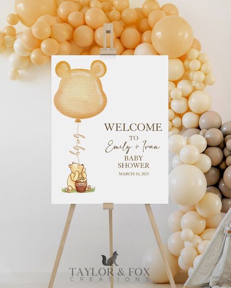 Matching items here: https://www.etsy.com/shop/TaylorandFox?ref=simple-shop-header-name&listing_id=1417732360&search_query=9033 ★ A great way to invite your guests and to save money is by editing and printing the files yourself! Or send them as an evite by emailing or texting your guests! ★ You will receive a link to edit your digital design, no printed item will be shipped. (But we do have printing options if needed!) Simply edit using your computer, laptop, and phone, no software required! ★ TRY BEFORE YOU BUY ★ Copy and paste this link into your browser to access our FREE demo. https://www.corjl.com/d/48ED6G ★ WHAT IS EDITABLE? ★ You can edit, add and remove text, font colors, move and resize the text boxes. You can also add your own images/photos. You CANNOT change all graphics include Winnie The Pooh Welcome Sign, Pooh Welcome Sign, Winnie The Pooh Sign, Baby Shower Winnie The Pooh, Winnie The Pooh Themes, Winnie The Pooh Baby Shower, Baby Shower Theme Decorations, Disney Baby Shower, Baby Gender Reveal Party