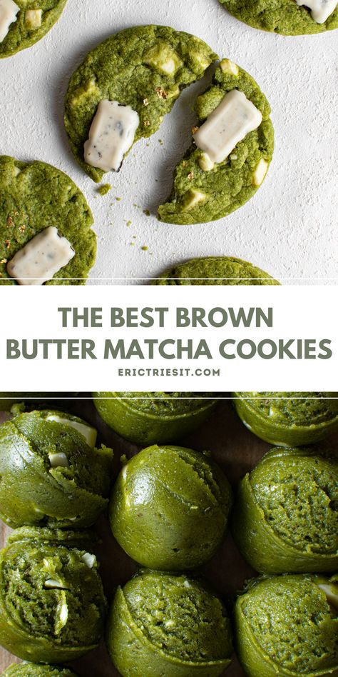 I'm so proud of this recipe. One of my all time favorites. The nuttiness from the browned butter pairs perfectly with the matcha. Try it out! Cookie Recipes Matcha, Brown Butter Matcha Cookies, Baking With Matcha, Crazy Dessert Recipes, Trendy Desserts 2024, Macha Desserts, 5 Ingredient Or Less Recipes Desserts, Matcha Baked Goods, Healthy Bakery Recipes