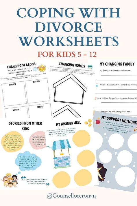 Divorce is a stressful and scary time for young children. They are often left with lots of questions and unable to process their feelings.

This workbook is perfect for children age 5 - 12, it will help them navigate their feelings, questions and understand the process of parents splitting up.

The workbook includes 15 fun and engaging worksheets.

It can be used in therapy sessions or at home.

Comes in A4 size. Divorce Worksheets, Divorce Therapy, Play Therapy Activities, Coping With Divorce, Kids Coping Skills, Divorce Counseling, Counselling Tools, Divorce Support, Counseling Kids