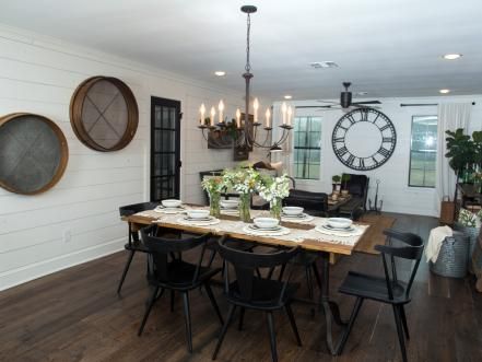 The old popcorn ceiling was removed and shiplap walls, baseboards and molding added as well as new recessed lighting and chandelier. Joanna Gaines Dining Room Ideas, Joanna Gaines Living Room Ideas, Joanna Gaines Dining Room, Joanna Gaines Living Room, Joanna Gaines Farmhouse, Farmhouse Table Lamps, Modern Farmhouse Table, Chip And Joanna Gaines, Magnolia Homes