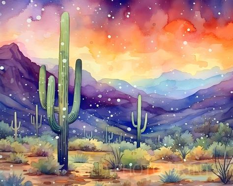 Early Snow Sonoran Desert Saguaro Cactus Mountains Arizona Art Print 8X10 Arizona Acrylic Painting, Desert Mountain Painting, Desert Scene Painting, Saguaro Painting, Desert Reference, Watercolor Desert Landscape, Arizona Pics, Southwest Art Paintings, Desert Paintings