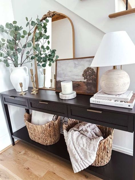 20 Console Table Styling Ideas » Lady Decluttered Sofa Table Styling Decorating Ideas, French Country Entry, Styling Console Table, Sofa Table Styling, Table Styling Ideas, Kitchen Island Styling, Hallway Console Table, Sofa Table Decor, Lady Decluttered