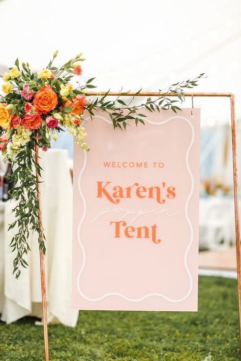 Colourful Wedding Signage, Retro Wedding Sign, Wedding Welcome Sign With Flowers, Orange Welcome Sign, Engagement Party Colors, Peach Wedding Decorations, Acrylic Wedding Signs, Wedding Entrance Sign, Orange And Pink Wedding