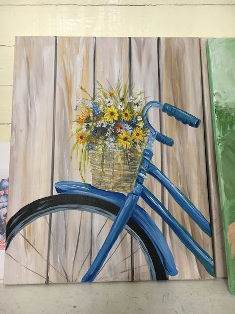 Cycle Painting, Wooden Bicycle, Wine Painting, Bicycle Painting, Painting Canvases, Bullet Journal Lettering Ideas, Garden Painting, Mini Canvas, Creative Drawing