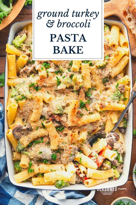 The ultimate comfort food! This ground turkey pasta bake is loaded with broccoli, mushrooms, sundried tomatoes, Alfredo sauce, herbs, and plenty of gooey, melty cheese. It's an easy dinner that the whole family will love! Ground Turkey Bake, Ground Turkey Pasta Bake, Turkey Pasta Bake, Ground Turkey Pasta Recipes, Ground Turkey Lasagna, Ground Turkey Spaghetti, Recipes Using Ground Turkey, Ground Turkey Pasta, Turkey Spaghetti