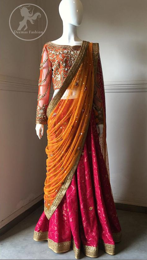 Orange Dupatta Combination, Indian Bridesmaid Outfits, Chunni Ceremony, Hot Pink Lehenga, Gota Patti Lehenga, Yellow Dupatta, Orange Lehenga, Anniversary Outfit, Yellow Lehenga