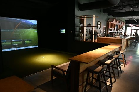 Golf Impact Screen, Furniture Arrangement Ideas, Sport Bar Design, Golf Bar, Home Golf Simulator, Indoor Golf Simulator, Golf Simulator Room, Golf Room, Golf Simulator