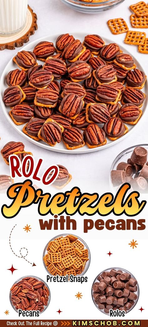 Plate of Rolo pretzels with pecans, surrounded by ingredients on a marble table. Pretzel Turtles Pioneer Woman, Pretzel Rolo Pecan Recipe, Pretzels Rolos And Pecans, Hoho Bars, Pretzel Recipes Snacks Sweet, Salty Holiday Treats, Easy Sweet And Salty Snacks, Christmas Treats Salty, Pretzel With Rolos And M&ms