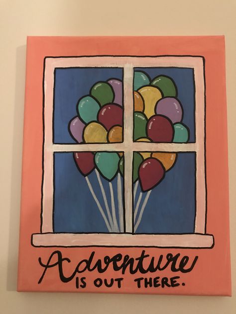 Up Painting Disney Easy, Inside Out Painting Canvases, Disney Up Drawing, Disney Window Painting, Up Canvas Painting Disney, Disney Easy Paintings, Up Painting Disney, Up Painting, Disney Canvas Art Easy