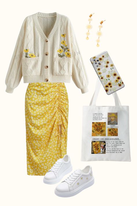 2024 Outfit Inspo, Sunflower cardigan, Van Gogh bag, Sunflower phone case, Sunflower shoes, Sun-inspired jewelry, Yellow skirt Pinterest Outfits Winter, Van Gogh Outfit, Winter Sunflower, Sunflower Cardigan, Sunflower Shoes, Sunflower Phone Case, Outfits Neutral, Cottagecore Outfit, Outfit Modest