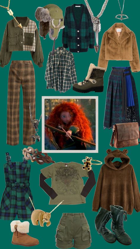 Merida #pixar #disney #disneyprincess #brave #merida #green #bear #outfitinspo #disneyfashionseries Princess Modern Outfits, Pixar Inspired Outfits, Merida Halloween Costume, Disney Princesses Aesthetic, Merida Aesthetic Outfit, Casual Disney Princess Outfits, Merida Inspired Outfits, Brave Outfits, Merida Disneybound