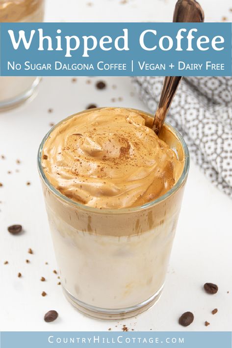 How do you make creamy whipped coffee without sugar? See how to make the best Keto Dalgona coffee or DIY tiktok coffee! Easy healthy low carb 3 ingredient whipped coffee recipe with almond milk. The homemade sugar free frothy coffee drink is dairy free, vegan, no sugar, paleo. No sugar Korean coffee beverage can be served hot or cold, iced. Includes tips for ingredients, espresso and whipped coffee without instant coffee. #whippedcoffee #dalgonacoffee #dalgona #coffee | countryhillcottage.com Whipped Coffee Recipe, Instant Coffee Recipes, Frothy Coffee, Diy Tiktok, Almond Milk Coffee, Korean Coffee, Whipped Coffee, Blueberry Coffee, Easy Coffee Recipes